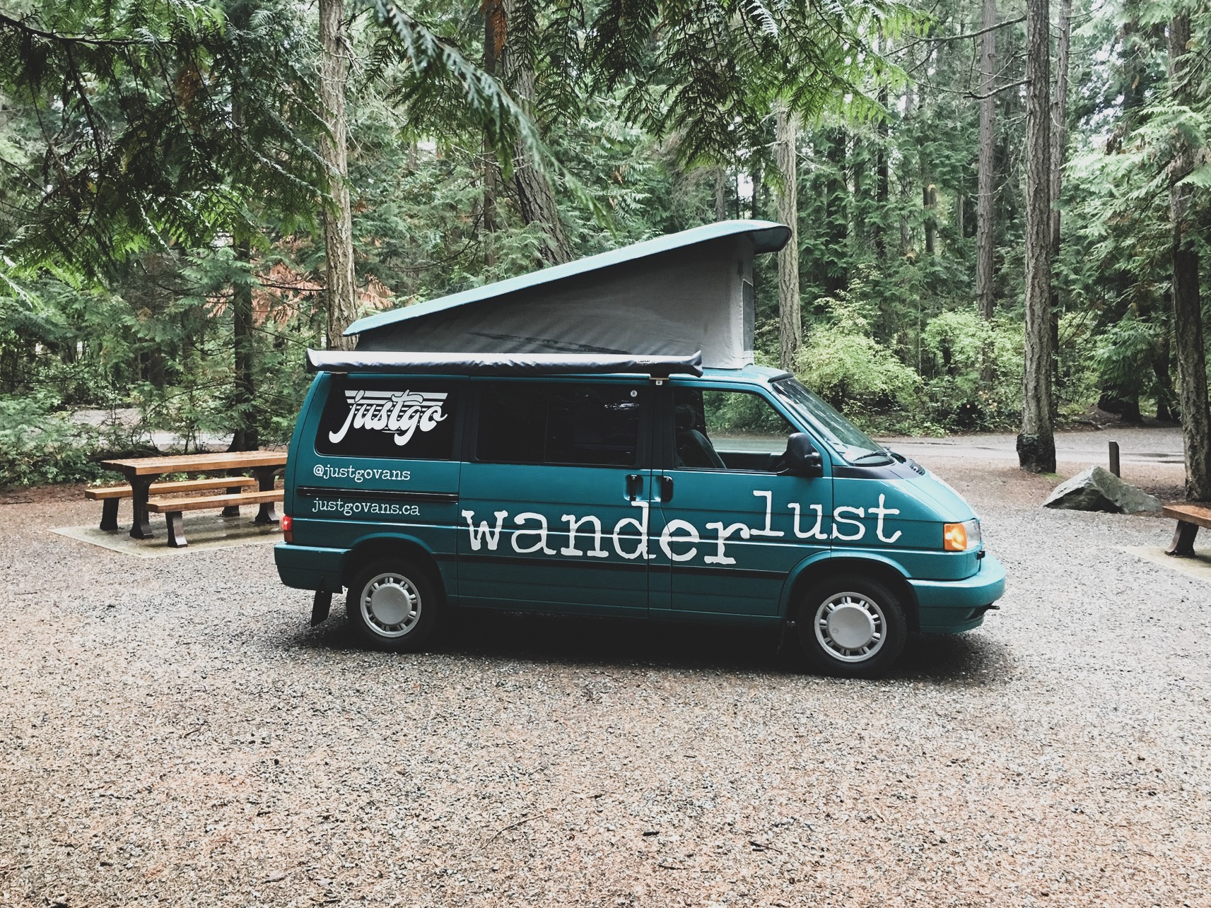 campervan rental Vancouver Island forest campsite with pop top