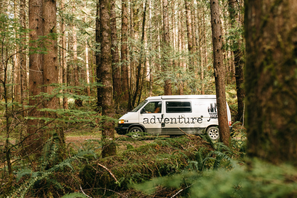 campervan rental Vancouver Island nanaimo driving through forest road
