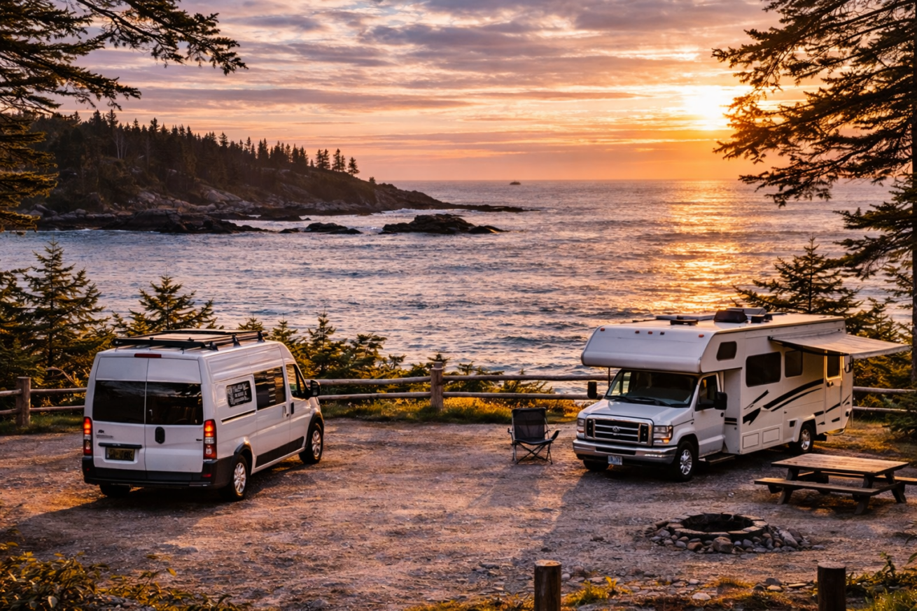 RV rentals Vancouver Island coastal campground overlooking ocean at sunset