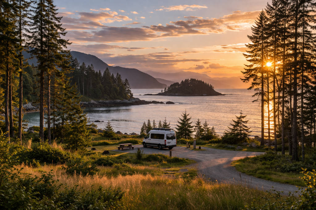 campervan Vancouver Island coastal camping at sunset