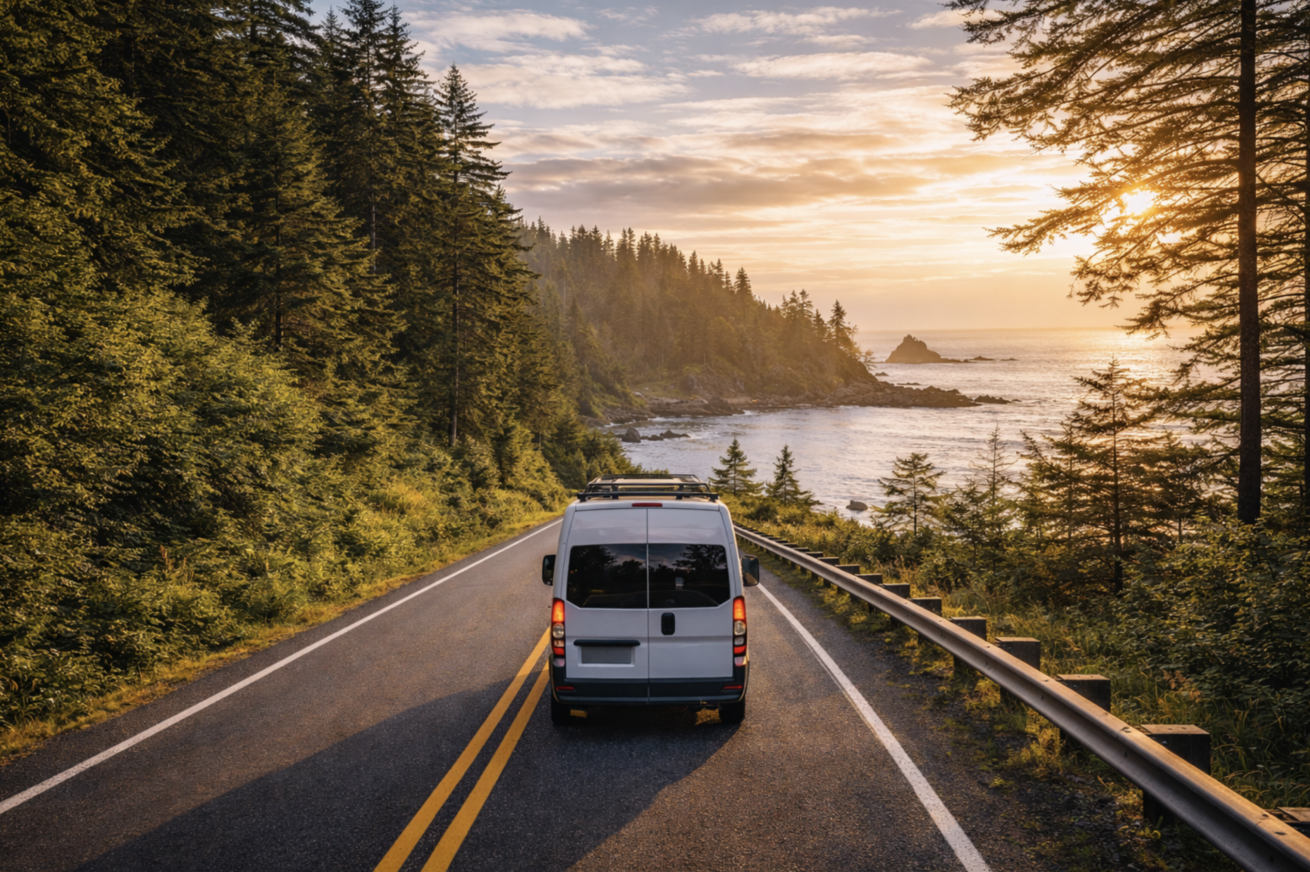 campervan driving on Vancouver Island coastal road at sunset