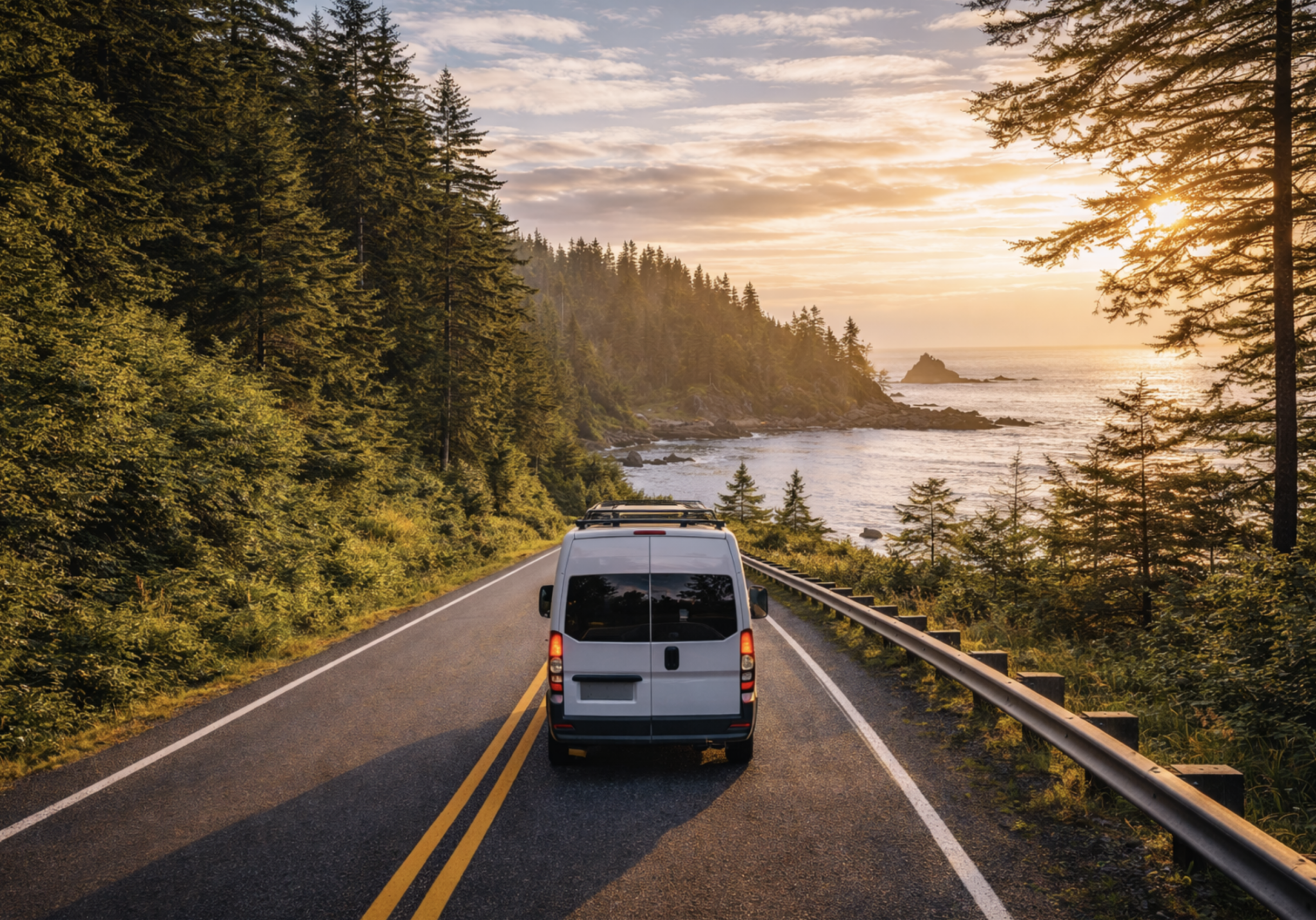 campervan driving on Vancouver Island coastal road at sunset