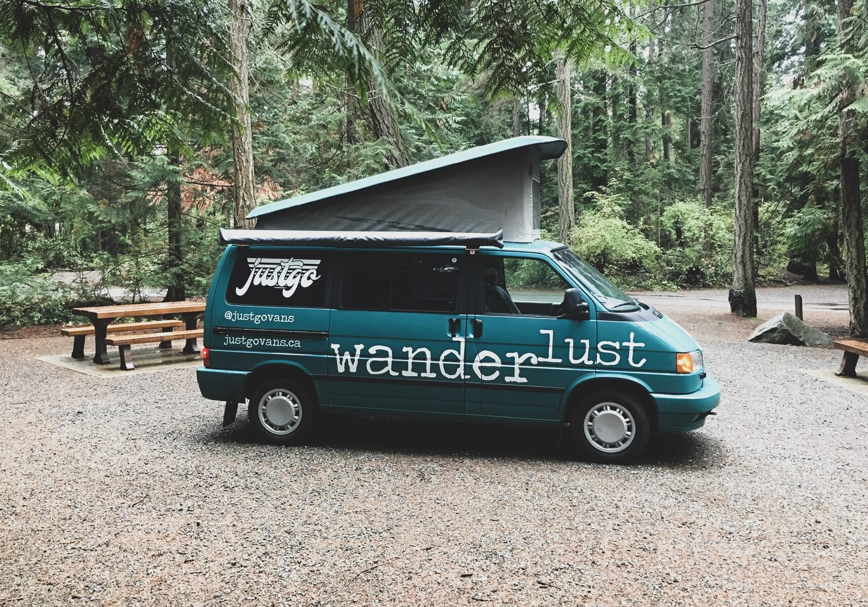 campervan rental Vancouver Island forest campsite with pop top