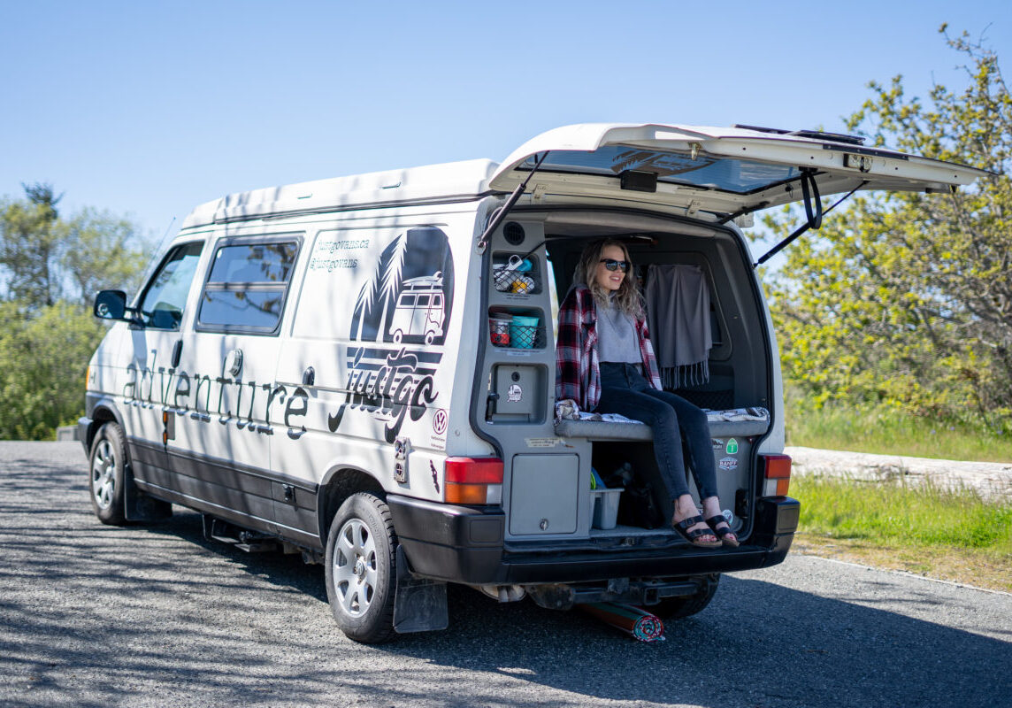 RV rental Vancouver Island roadside travel with open camper setup