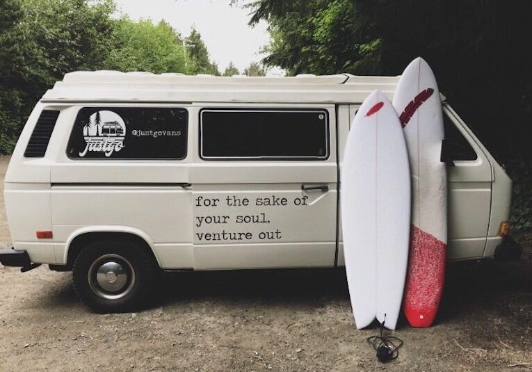 campervan and RV rental Vancouver Island roadside with surfboards